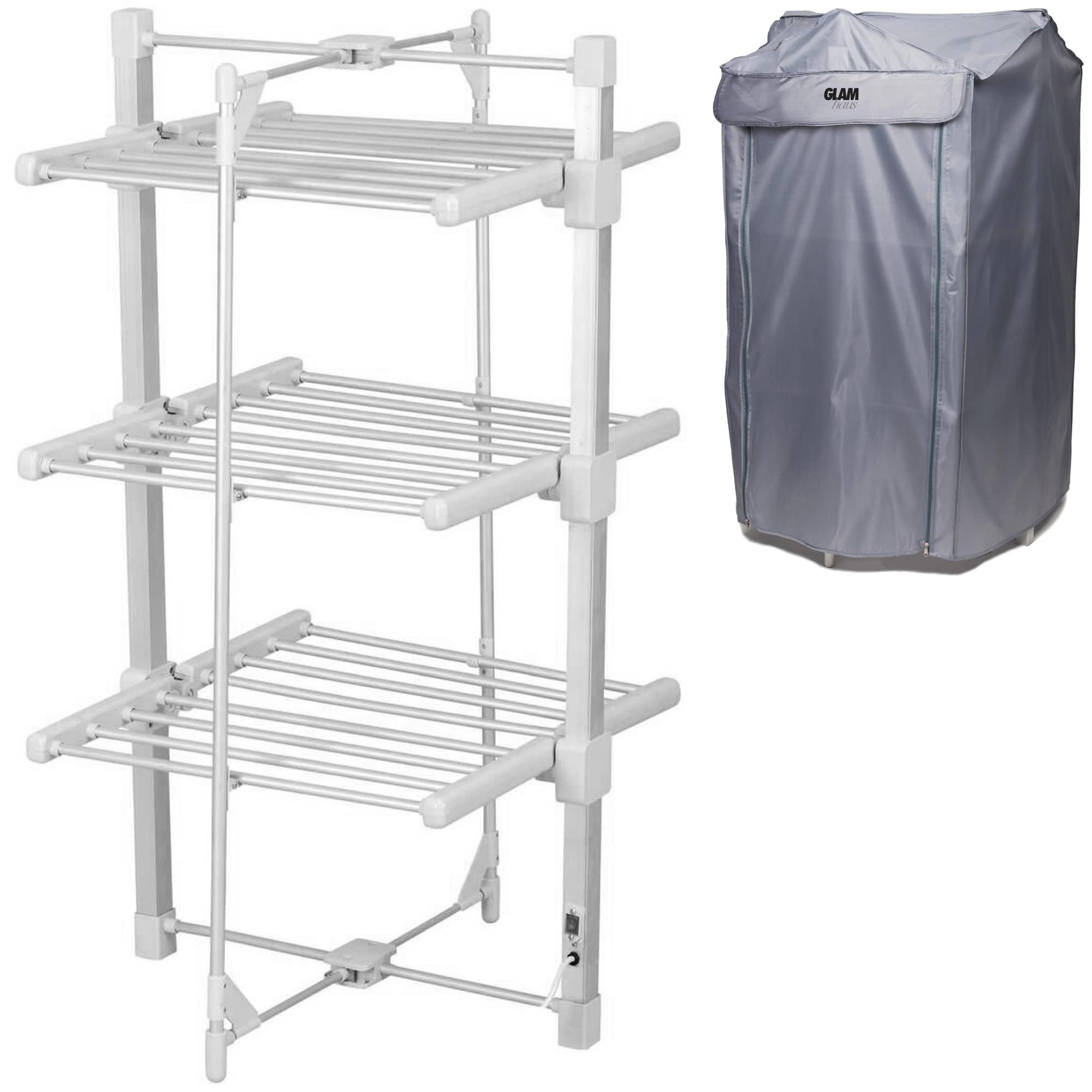 GlamHaus Electric Heated Clothes Airer Dryer Rack Aluminium with Cover Indoor - Folds Flat for Easy Storage - 3 Tier Design - Costs Less Than 4p Per Hour