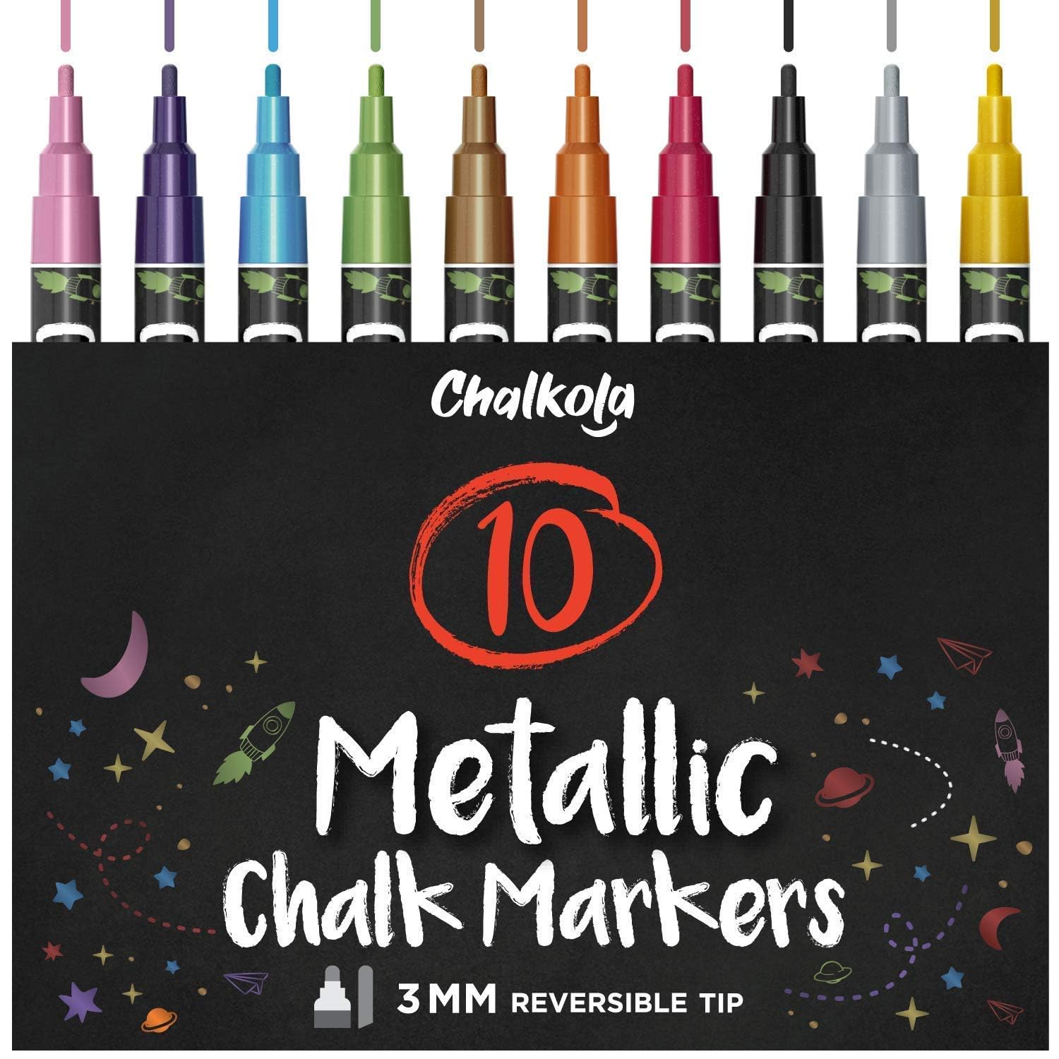 Metallic Liquid Chalk Pens Fine Tip - Dry Erase Marker Pen for Chalkboard Signs, Windows, Blackboard, Glass - 3mm Reversible Tip (10 Pack)