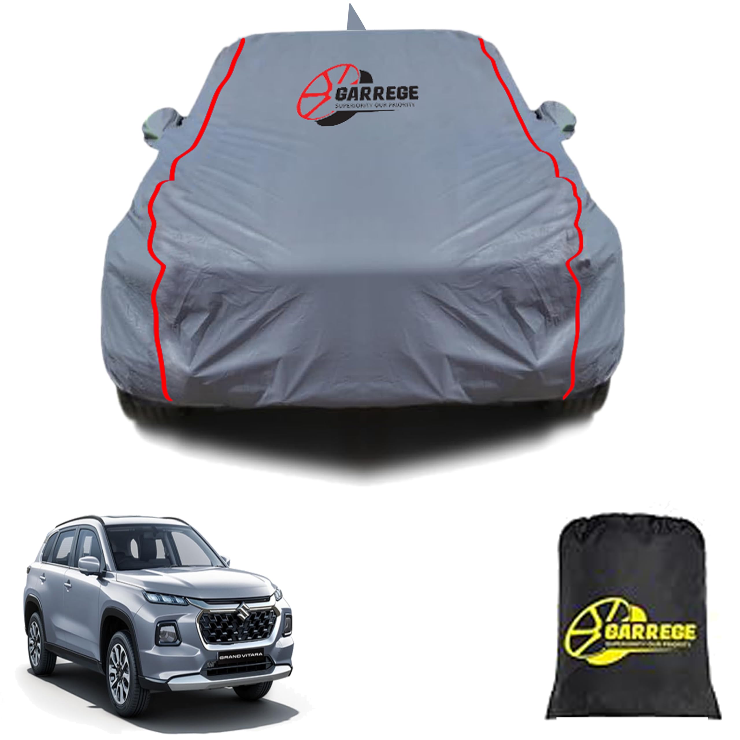 GARREGE® Maruti Grand Vitara Car Cover Waterproof All Weather, Outdoor Full Cover Rain Sun UV Protection with Inner Side Ultra Soft Cotton 6 Layers with Blue Piping and Mirror with Anteena Packet