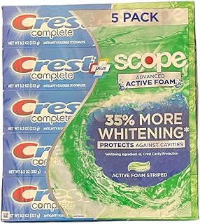 Crest Complete Toothpaste Plus Scope Advanced Active Foam, Striped, 8.2 Ounce (Pack of 5)