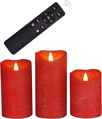 Battery Operated Flameless Candles with Remote Timer Realistic Flickering Real Wax LED Pillars for Weddings Parties Table Centerpieces Christmas Decorations Home Decor Set of 3 Rustic Textured Red