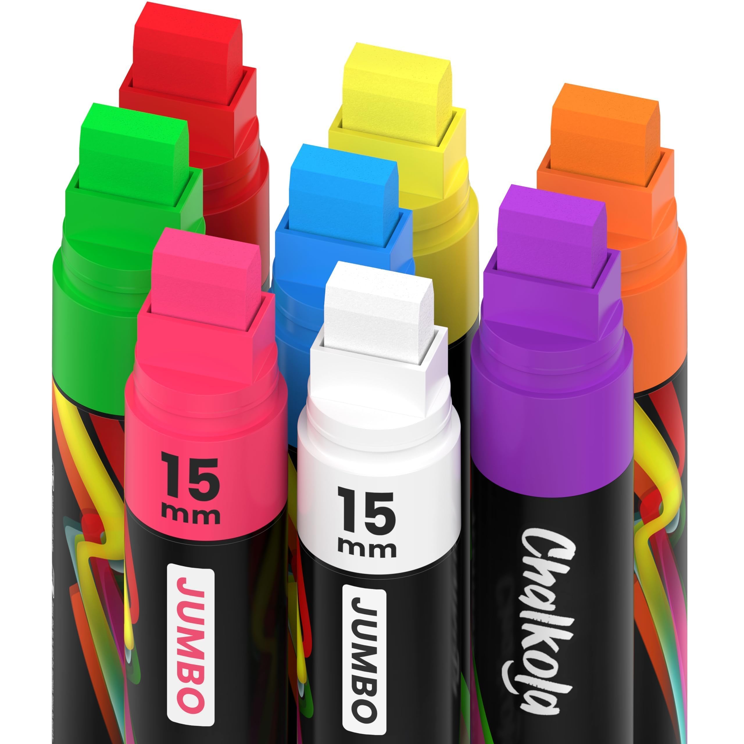 8 Washable Window Markers for Cars - 15mm Jumbo, 3 in 1 Nib, 28g Ink - Liquid Chalk Markers for Chalkboard, Blackboard, Glass, Bistro, Auto, Menu Board - Loved by Teachers, Kids, Artists, Businesses