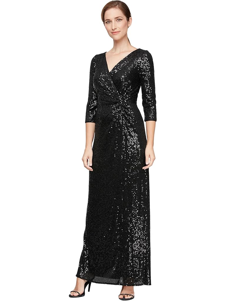 Alex Evenings Long Sequin Column Dress with Knot Front Detail