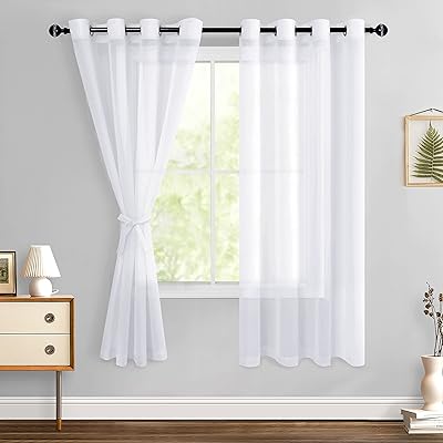 Hiasan White Sheer Curtains for Bedroom with Tiebacks, Lightweight Airy Breathable Voile Drapes Light Filtering Grommet Window Curtains for Living Room, Nursery, Farmhouse, W52 x L72, 2 Soft Panels