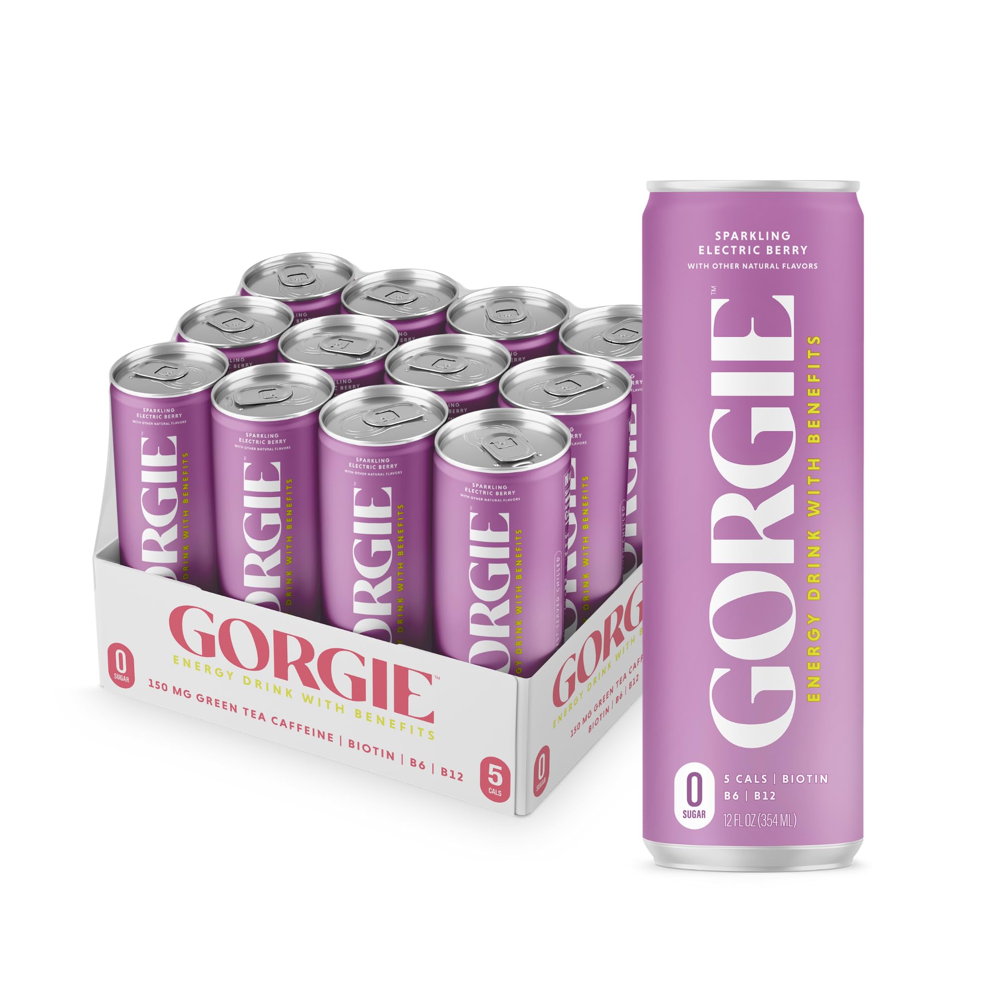 GORGIESugar Free Natural Energy Drinks, Sparkling Electric Berry (12 Pack) - Healthy Energy Drinks - Natural Coffee Replacement with Green Tea Caffeine and Biotin - 150mg Caffeine, Vegan, Low Calorie