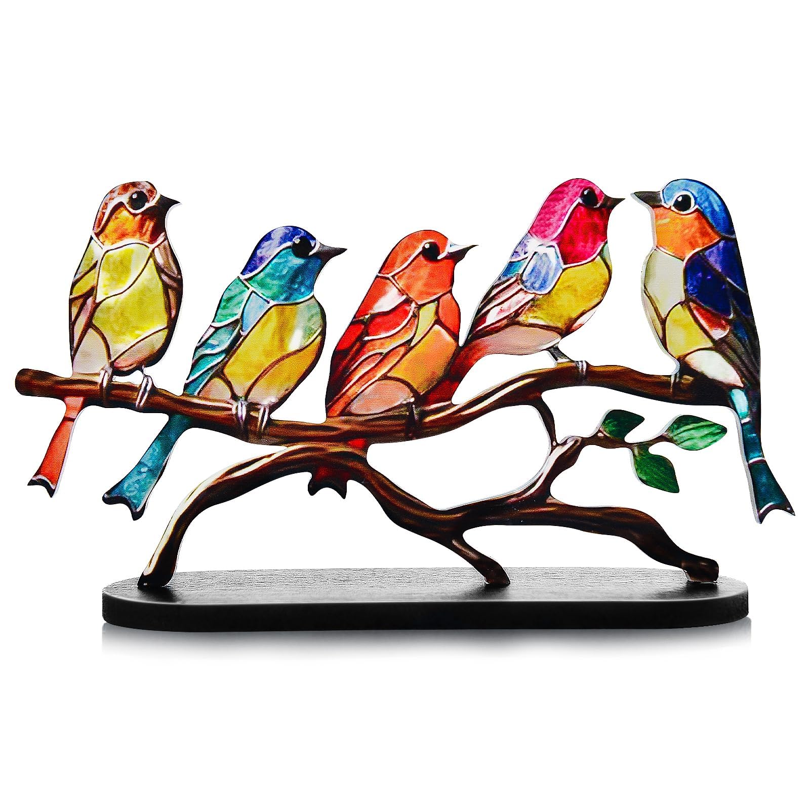 Azonee Stained Glass Birds on Branch Desktop Ornaments,Metal Vivid Craft Desktop Ornaments for Home Office Decor,Bird Series Metal Decorations, Gift for Housewarming Decor and Bird Lover (5 Birds)