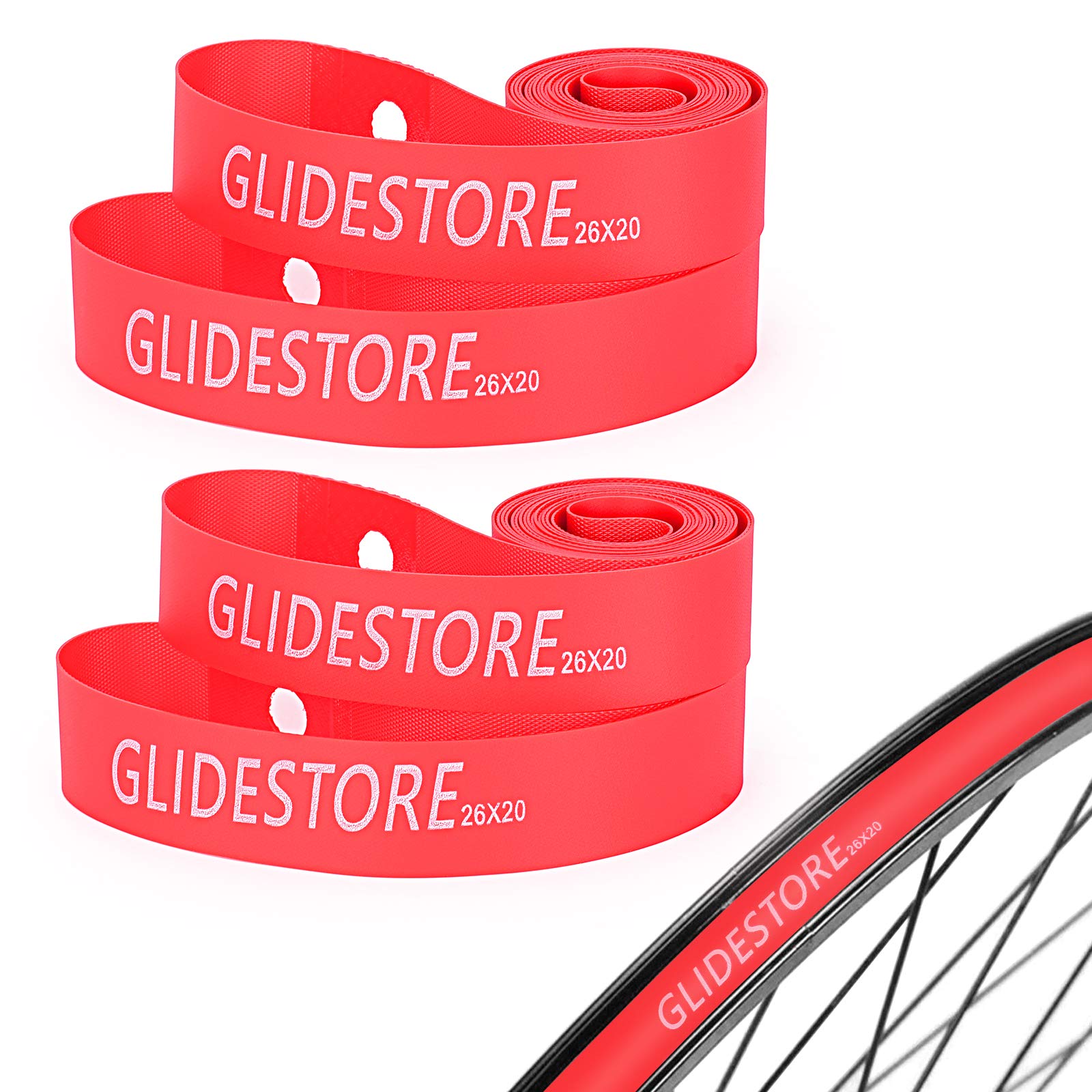 GLIDESTORE 4 Pack Bicycle Rim Strip Rim Tape (26" x 20mm) for Road Bike MTB Mountain Bike Tube Protector Liner - Color Red