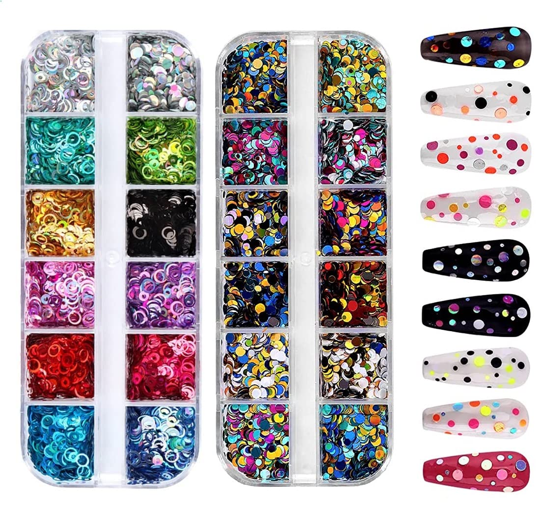 D.B.Z.® Circle & Mixed Round Thin Shining Glitter Nail Art Sequins, 3D Circle Shape Glitters Flakes Designs, Holographic Laser Shiny Round Nail Supplies for Women Girls Manicure Decorations