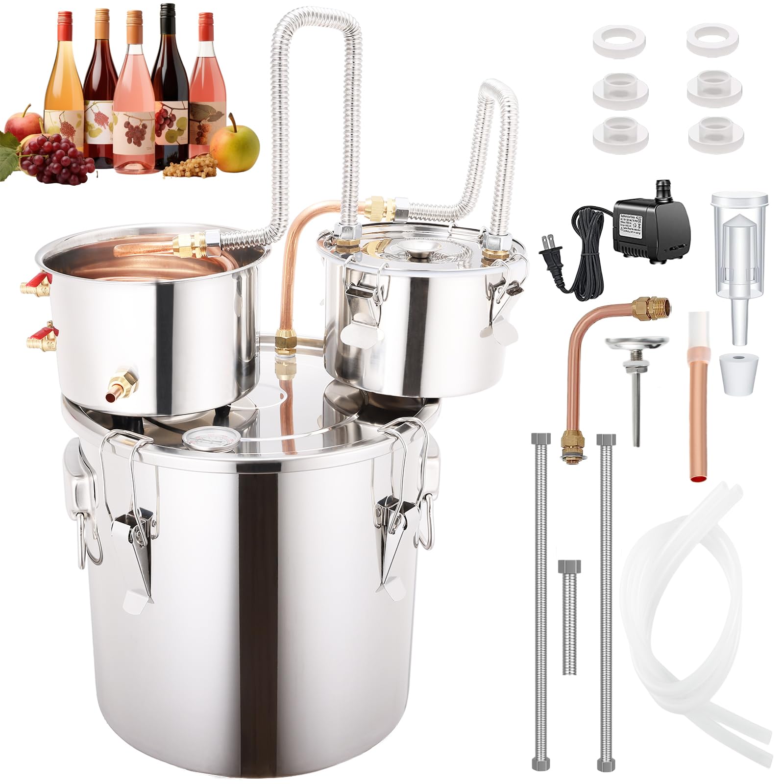 Shine Still 13.2 GAL 3 Pots Distillery Kit for Alcohol Stainless Steel Copper Tube Complete with Thumper Water Pump Metal Thermometer Fermentation Airlock Distilling for Whiskey, Brandy etc.