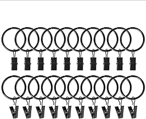 Anneaux pour Rideaux, 20 Pièces Anneau de Rideau avec Clips Anneaux de Rideau en Métal Anneaux de Suspension avec Clips pour Rideaux et Tringles (Noir 50mm)