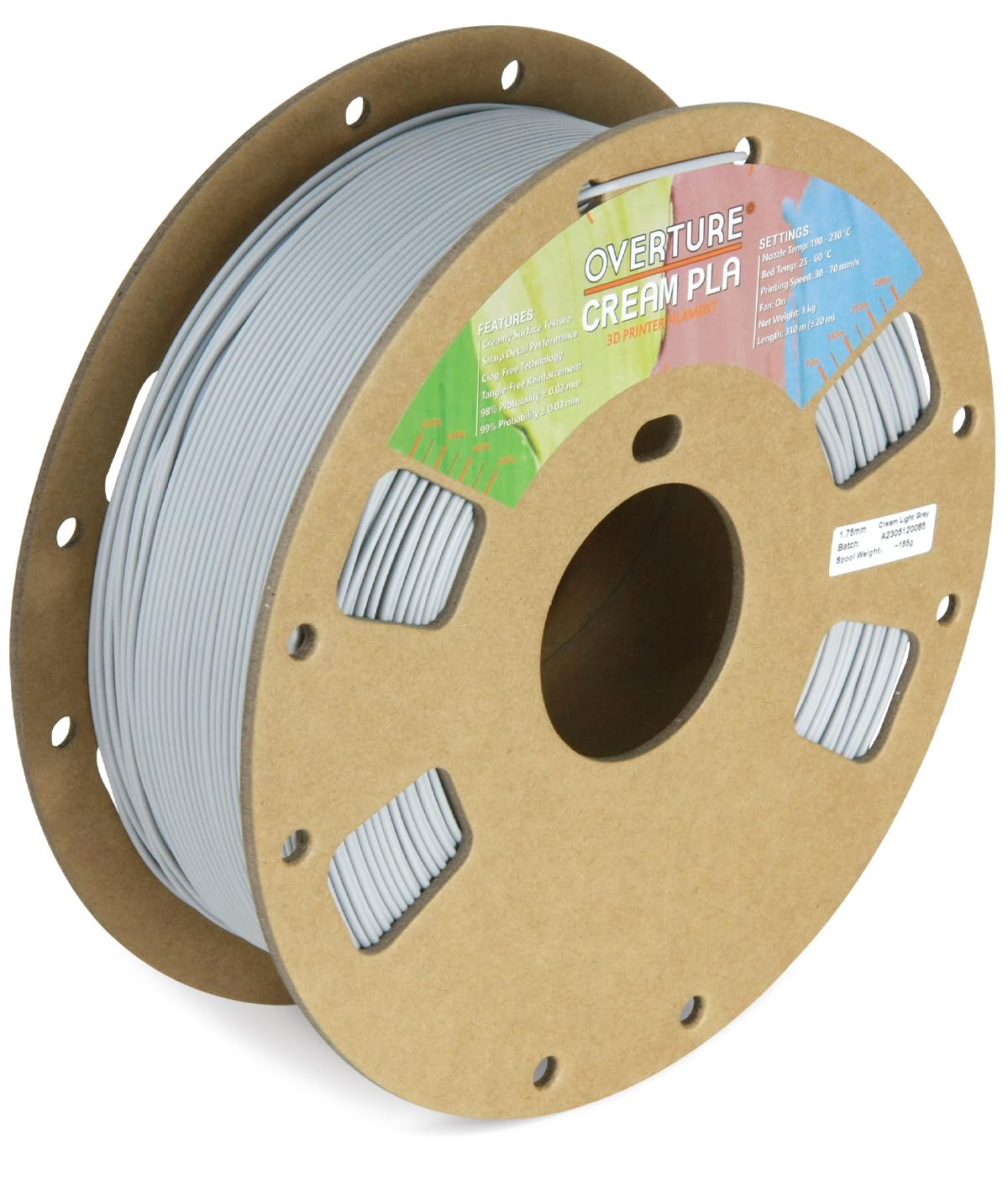 OVERTURE Cream PLA Filament, Cardboard Spool, Premium PLA 1kg(2.2lbs), Dimensional Accuracy 99% Probability +/- 0.03mm,Fit Most FDM Printer (Cream Light Gray)