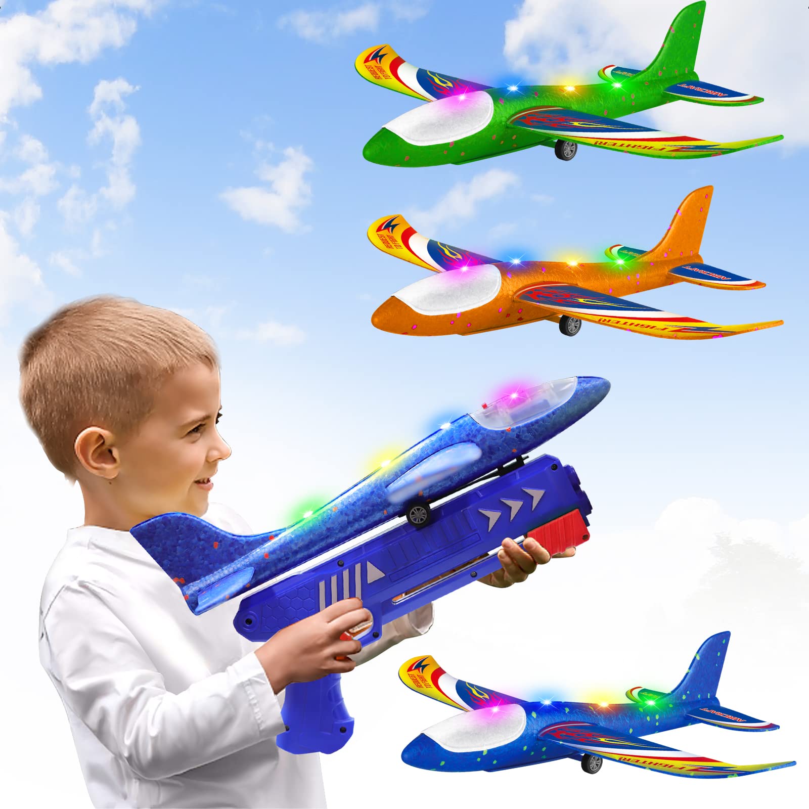 3 Pack Foam Airplane Launcher Toys, 2 Flight Mode Glider Plane,Kids Flying Toy,3 4 5 6 7 8 9 10 11 12 Year Old Boys Girls Gifts,Outdoor Sport Party Favor