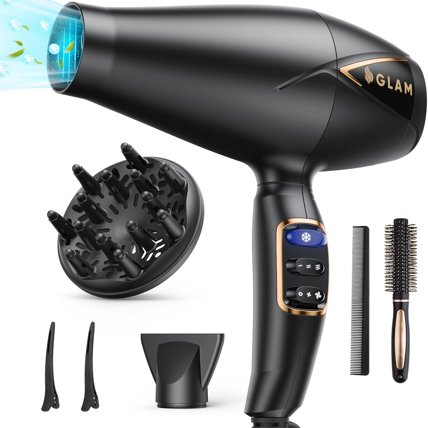 GLAM Hair Dryer, Professional Ionic Hairdryer, Powerful AC Motor Quick Drying Salon with 3 Heat Setting 2 Speed, Cool Button, with Diffuser, Nozzle, Concentrator Comb for Women Man