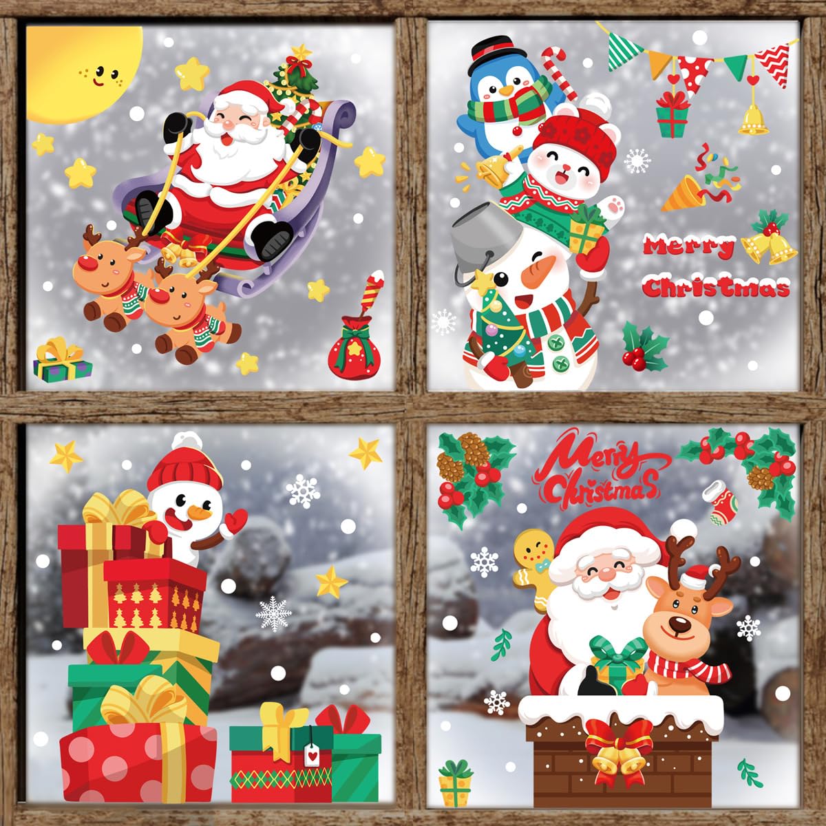 146 PCS Christmas Snowflake Window Cling Stickers for Glass, Xmas Decals Decorations Holiday Double-Sided Wall Sticker Christmas Gift Box Sleigh Santa Snowman Chimney Santa Decals for Party (A)