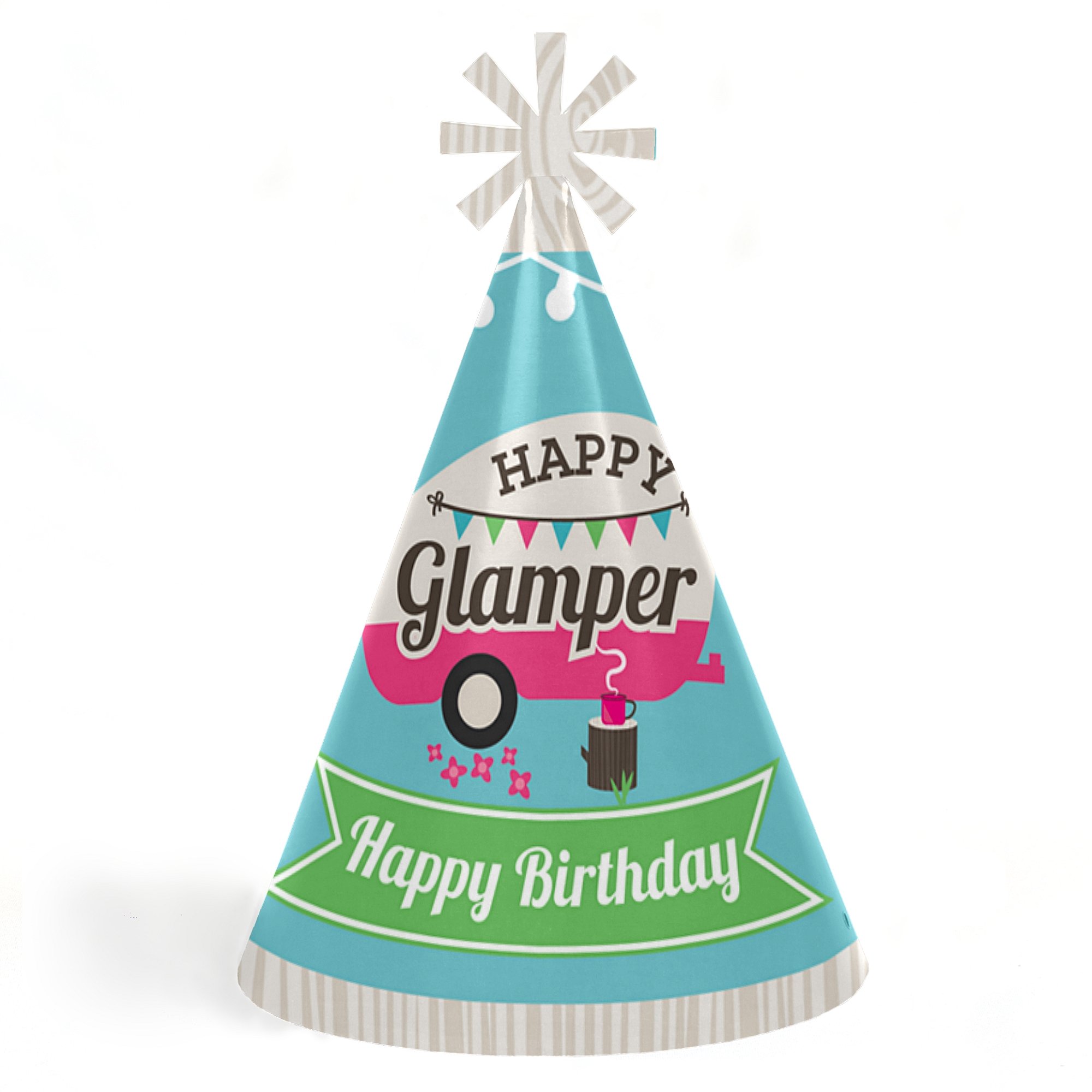 Let's Go Glamping - Cone Camp Glamp Happy Birthday Party Hats for Kids and Adults - Set of 8 (Standard Size)