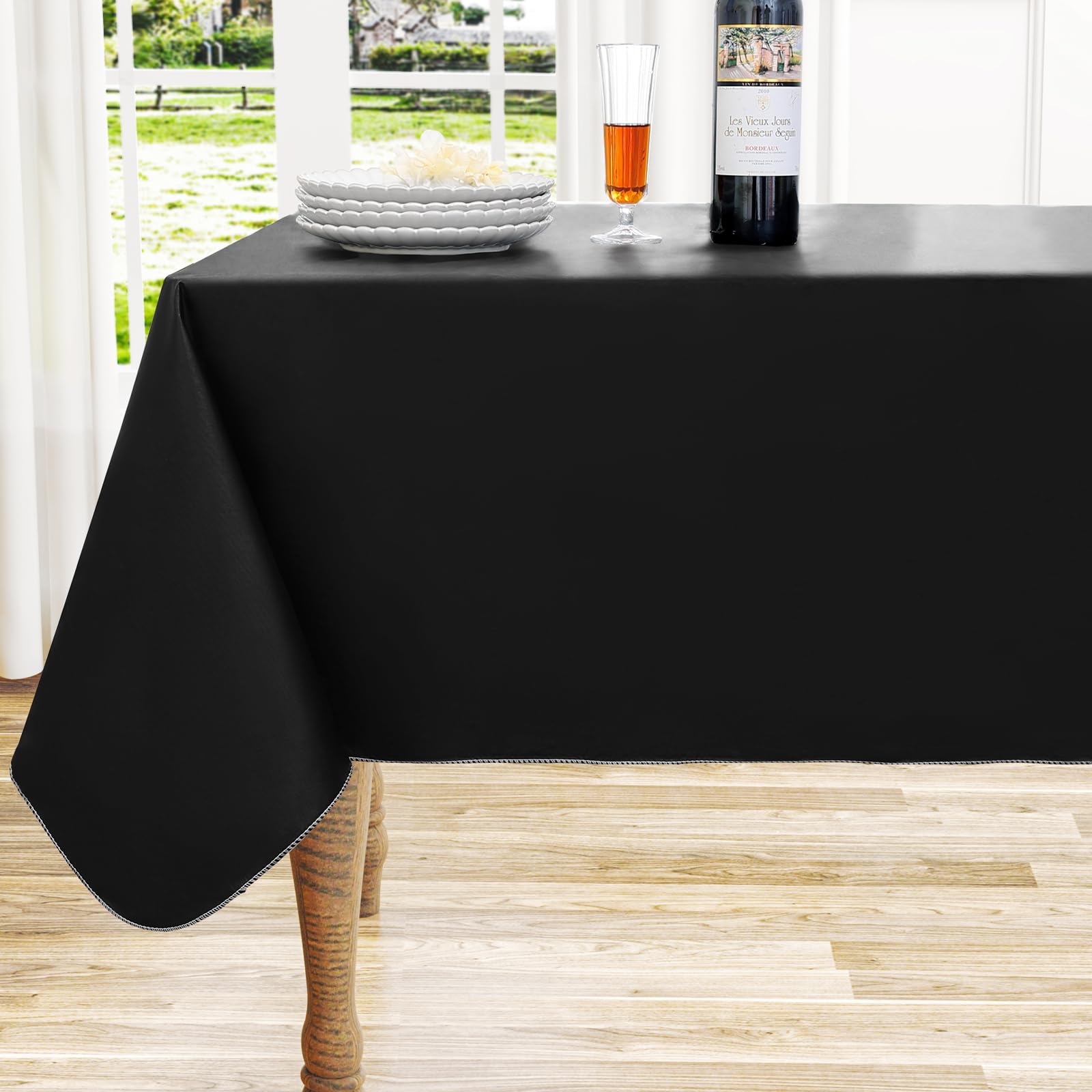 homing Rectangle Vinyl Tablecloth, Waterproof Spillproof Plastic Flannel Backed Table Cloth, Wipe Clean Table Cover for Dining Table, Buffet Parties and Camping (Black, 60" x 84")