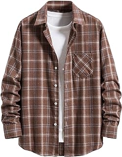 Men's Plaid Flannel Shirt Button Down Long Sleeve Regular Shacket Jacket Lapel Checked Oxford Gingham Shirts