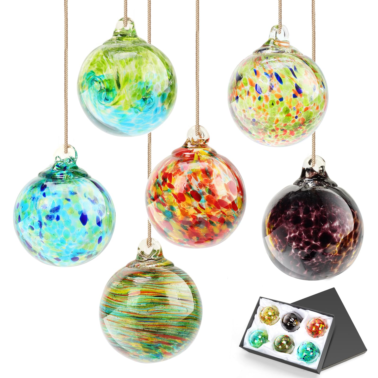 Hand Blown Glass Ornaments, 6 Pcs Gazing Glass Christmas Ornaments, Hanging Friendship Balls Glass Witches Balls for Home Outdoor Window Patio Garden Décor(Colorful)