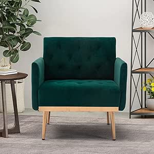 SLEERWAY Modern Velvet Single Sofa Chair, Upholstered Accent Living Room Chair, Comfy Armchair with Rose Golden Metal Legs, Tufted Chair for Reading or Lounging (Green)