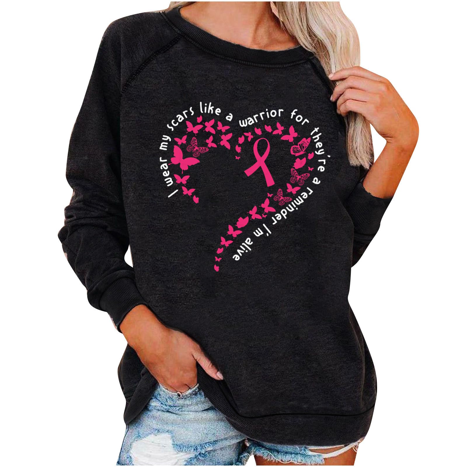 GenericWomens Breast Cancer Distressed Sweatshirt Pink Ribbon Graphic Vintage Crewneck Sweatshirt Fight Cancer Long Sleeve Tops