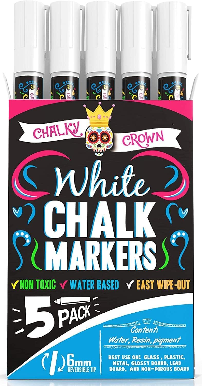 Chalky Crown - Chalk Pens - Liquid Chalk Markers - Dry Erase Chalk Pen for Chalkboards, Signs, Windows, Blackboard & More - 24 Chalkboard Labels Included - 5 Pack, White, 6 mm