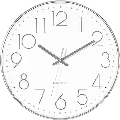 Foxtop Modern Wall Clock Silent Non-Ticking Battery Operated Round Silver Wall Clock for Office School Home Living Room Bedroom Bathroom Kitchen Decor 12 inch