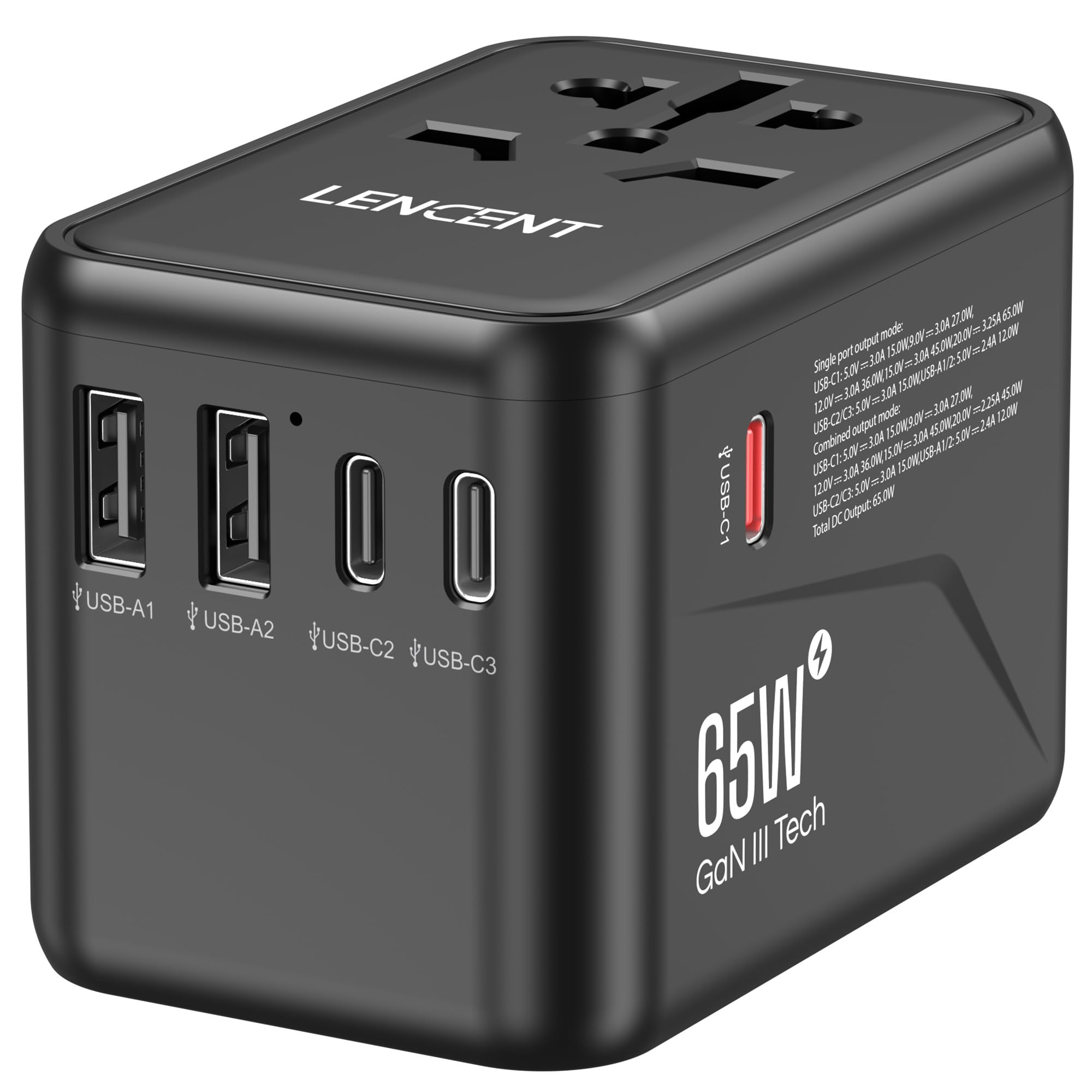 LENCENT Universal Travel Adapter, GaN III 65W International Charger with 2 USB Ports & 3 USB-C PD Fast Charging Adaptor, Worldwide Wall Charger for iPhone,Tablets,Laptops, Type A/C/G/I (USA/UK/EU/AUS)