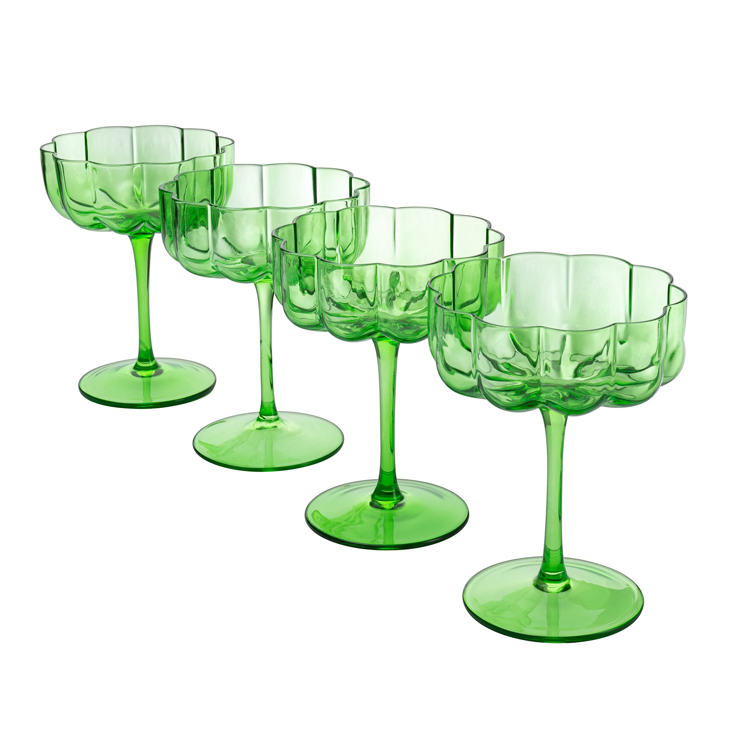 Flower Vintage Glass Coupes 7oz by The Wine Savant - Colorful Cocktail, Martini & Champagne Glasses, Prosecco, Mimosa Glasses Set, Cocktail Glass Set, Bar Glassware Luster Glasses (4, Green)