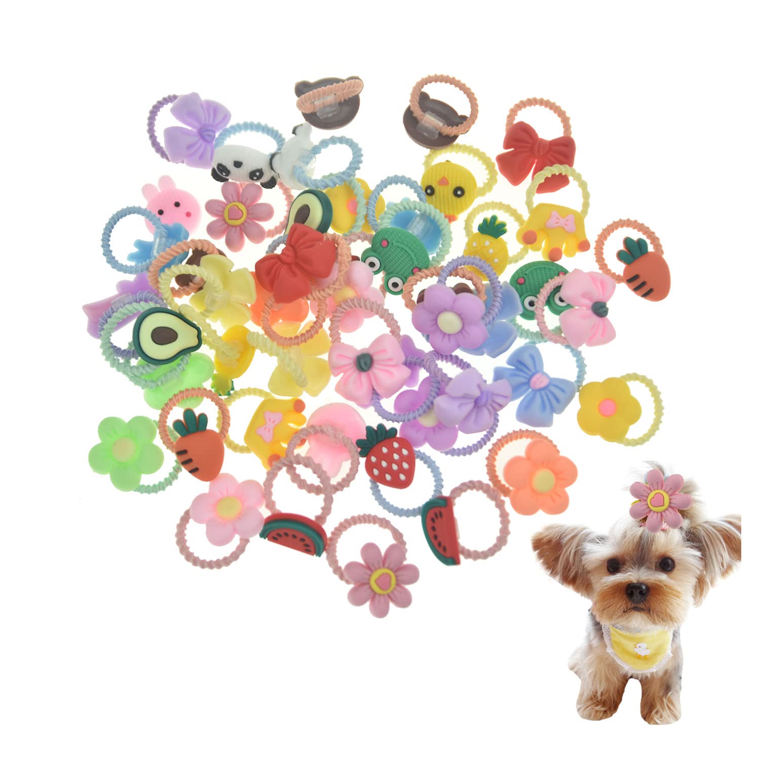 FLAdorepet Dog Hair Bows with Rubber Bands Bowknot Flower Fruit Animal Super Stretch Dog Hair Band Topknot Bows Cute Dog Hair Accessories - Not Pull Hair Out (50PACKS)