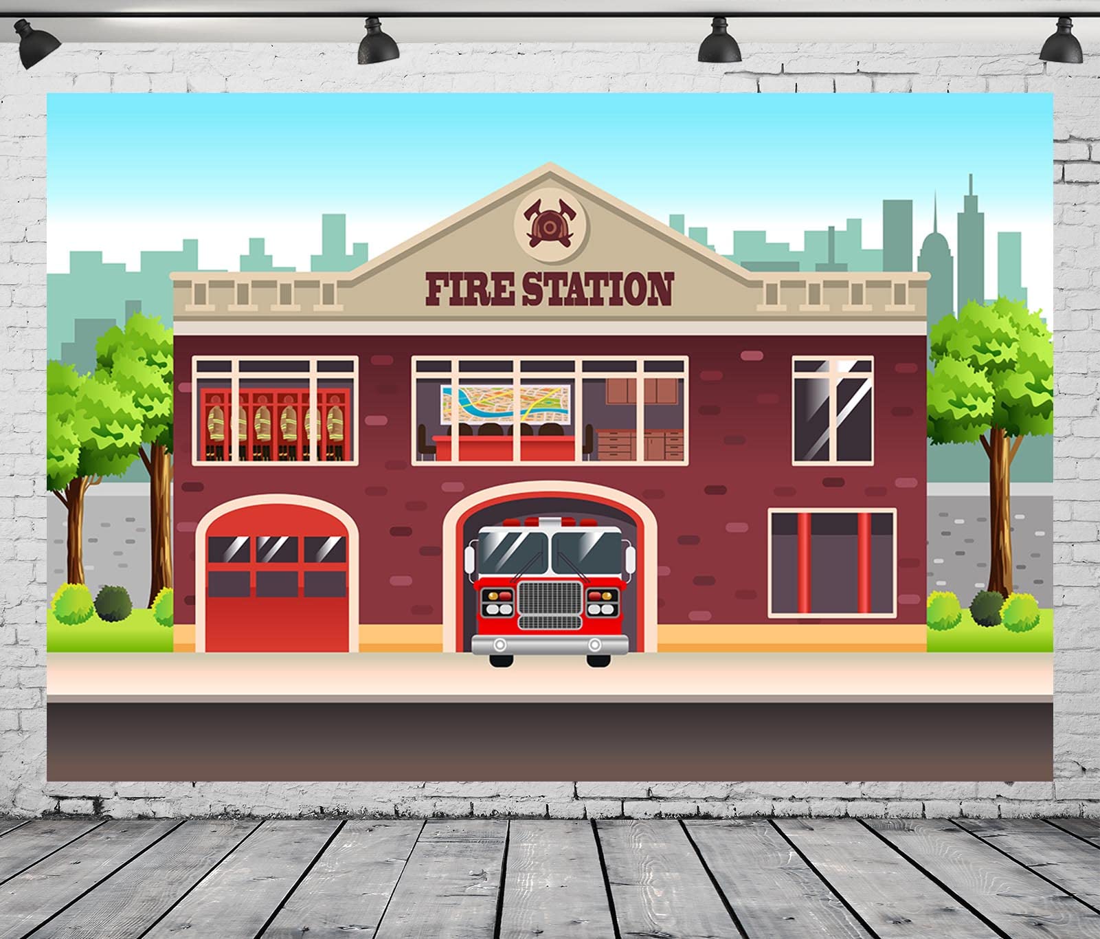 Buy BELECO 7x5ft Fabric Cartoon City Fire Station Backdrop Firefighter ...