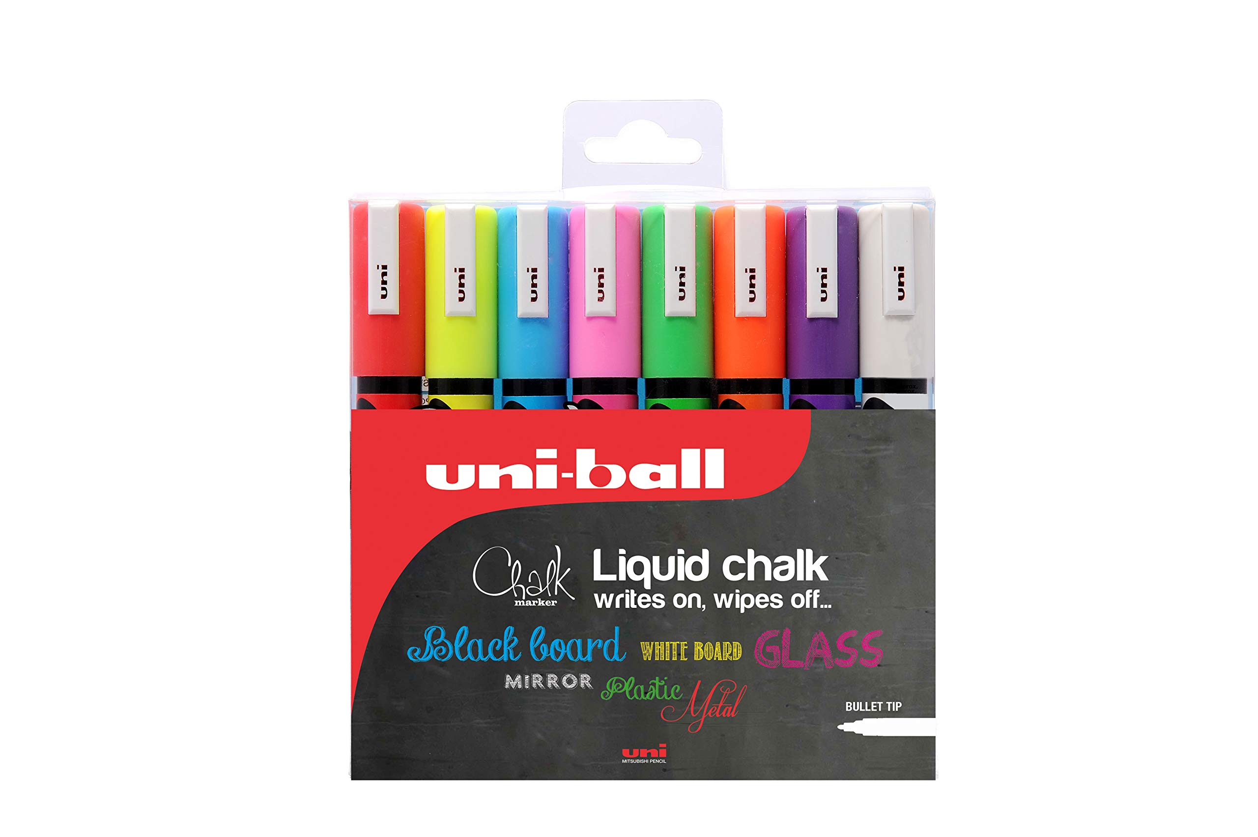 uni-ballPWE-5M Liquid Chalk Pens. Multi-Purpose Wipeable Coloured Markers for Blackboards, Chalkboards, Whiteboards, Glass, Mirrors, Plastic, Windows, Metal. Safe for Kids. Bullet Tip. 8 Pack