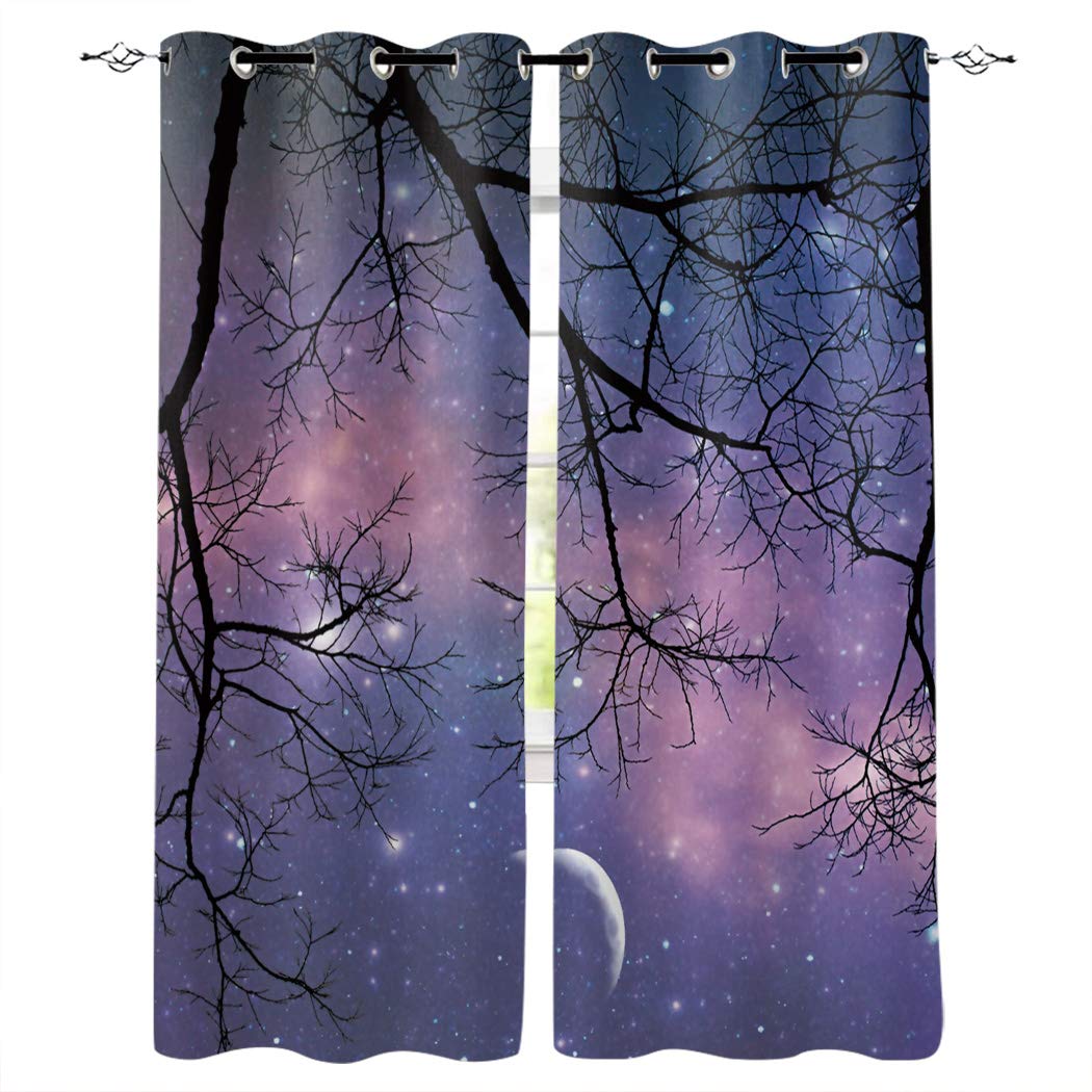 Libaoge Draperies & Curtains Dreamlike Curtain Panel Pair, Starry Sky White Moon with Branch Silhouette Window Curtains for Solding Glass Door - Set of 2 Panels, 80" W by 84" L