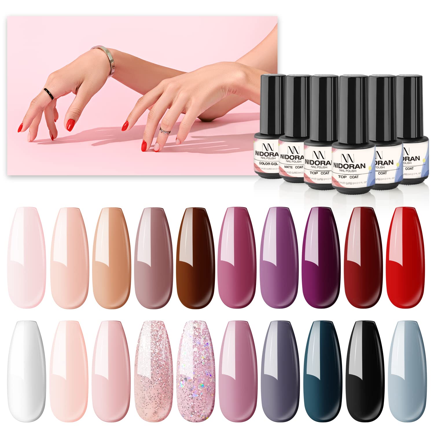 Nitakou Nidoran Gel Nail Polish Set 20 Colors, Nude Collection Nail Polish Kit With Gel Base And Top Coat, LED/UV Gel Polish Colors, 5ML, White Pink Brown