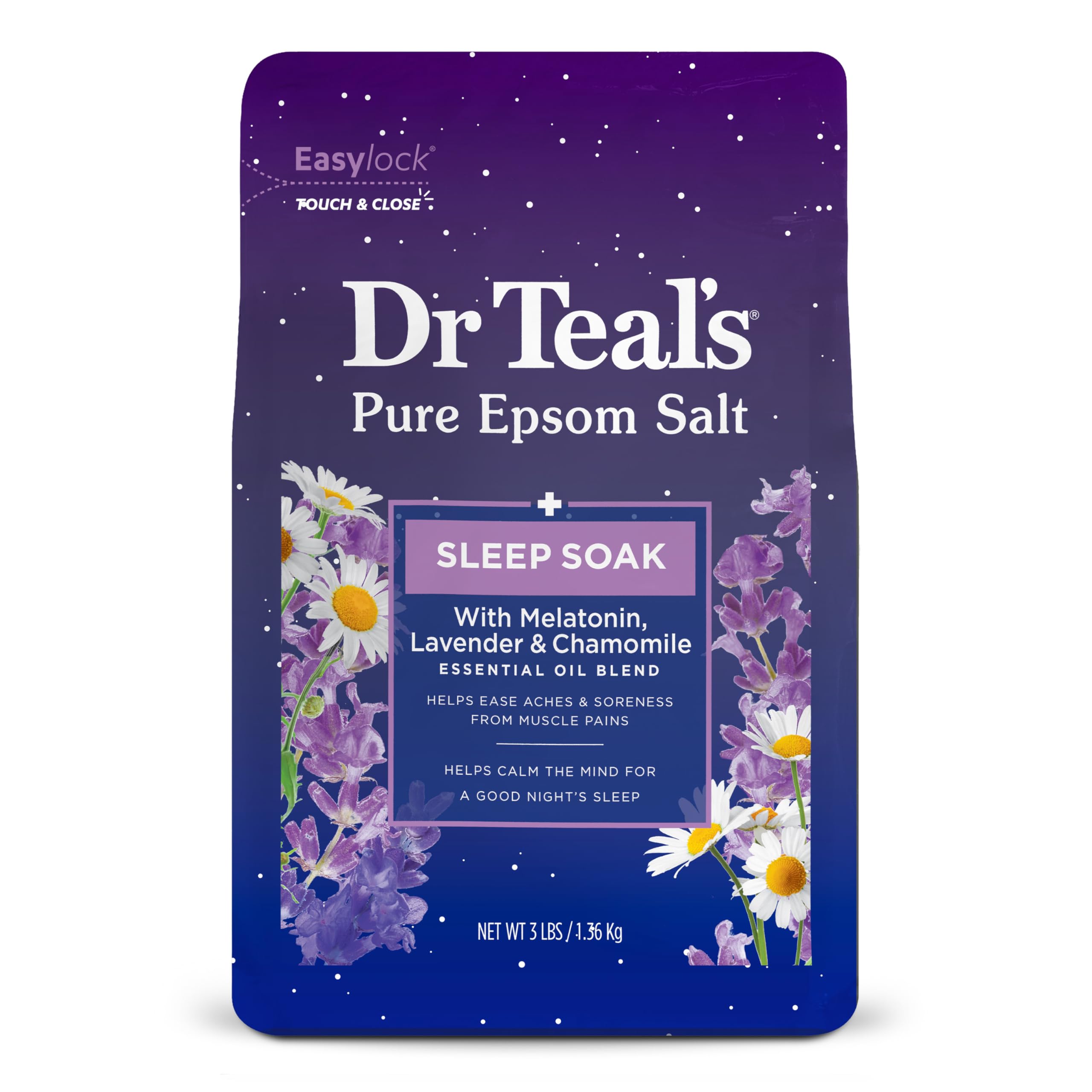 Dr Teal'sEpsom Salt Magnesium Soak, Sleep Blend with Melatonin, Lavender & Chamomile Essential Oils, 3 lbs