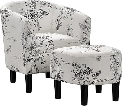 Convenience Concepts Take a Seat Churchill Accent Chair with Ottoman Set 26.25" - Contemporary Classic Mid-Back Barrel Chair with U-Shaped Ottoman for Living Room, Bedroom, Office, Botanical Print