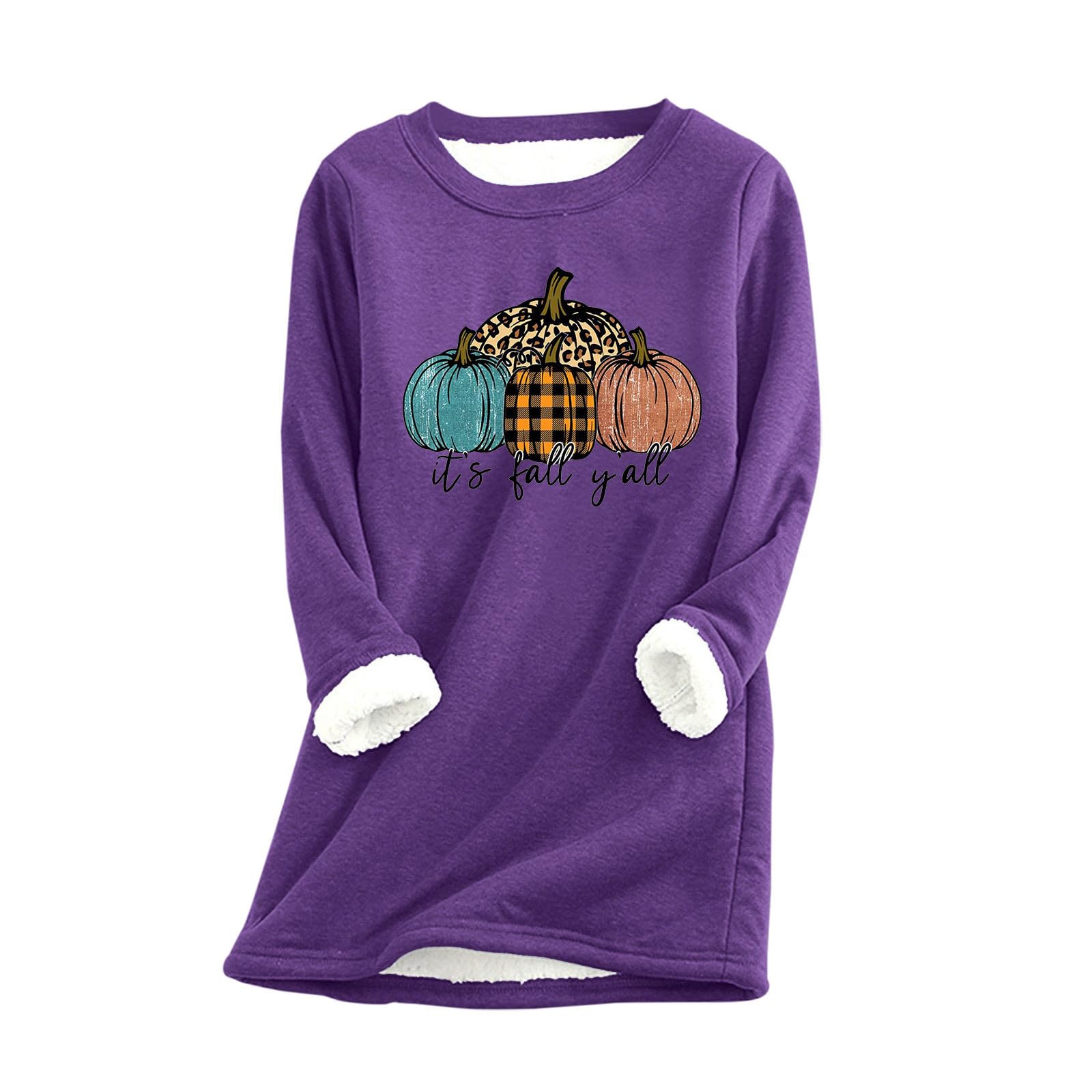 GenericWomen Sherpa Warm Fleece Lined Tops It's Fall Y'all Pumpkin Graphic Sweatshirt Winter Thick Fuzzy Pullover Thermal Loungewear