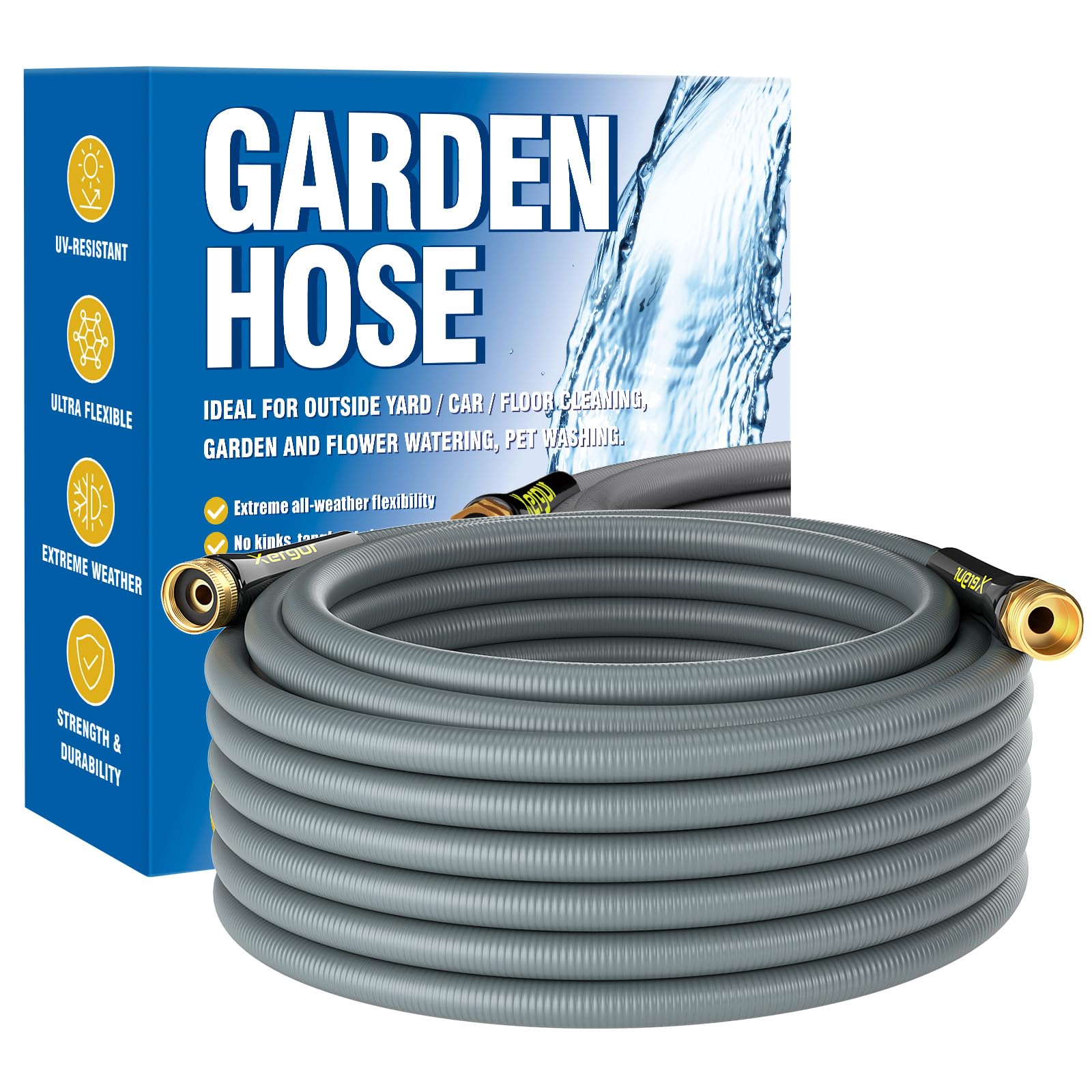 Flexible Garden Hose Water Pipe - 25FT Water Hose with Solid Brass Fittings, 1/2" Durable No Kink Water Hose Swivel Grip Heavy Duty Lightweight Hose for Gardening Lawn Car Pet Washing, Silver