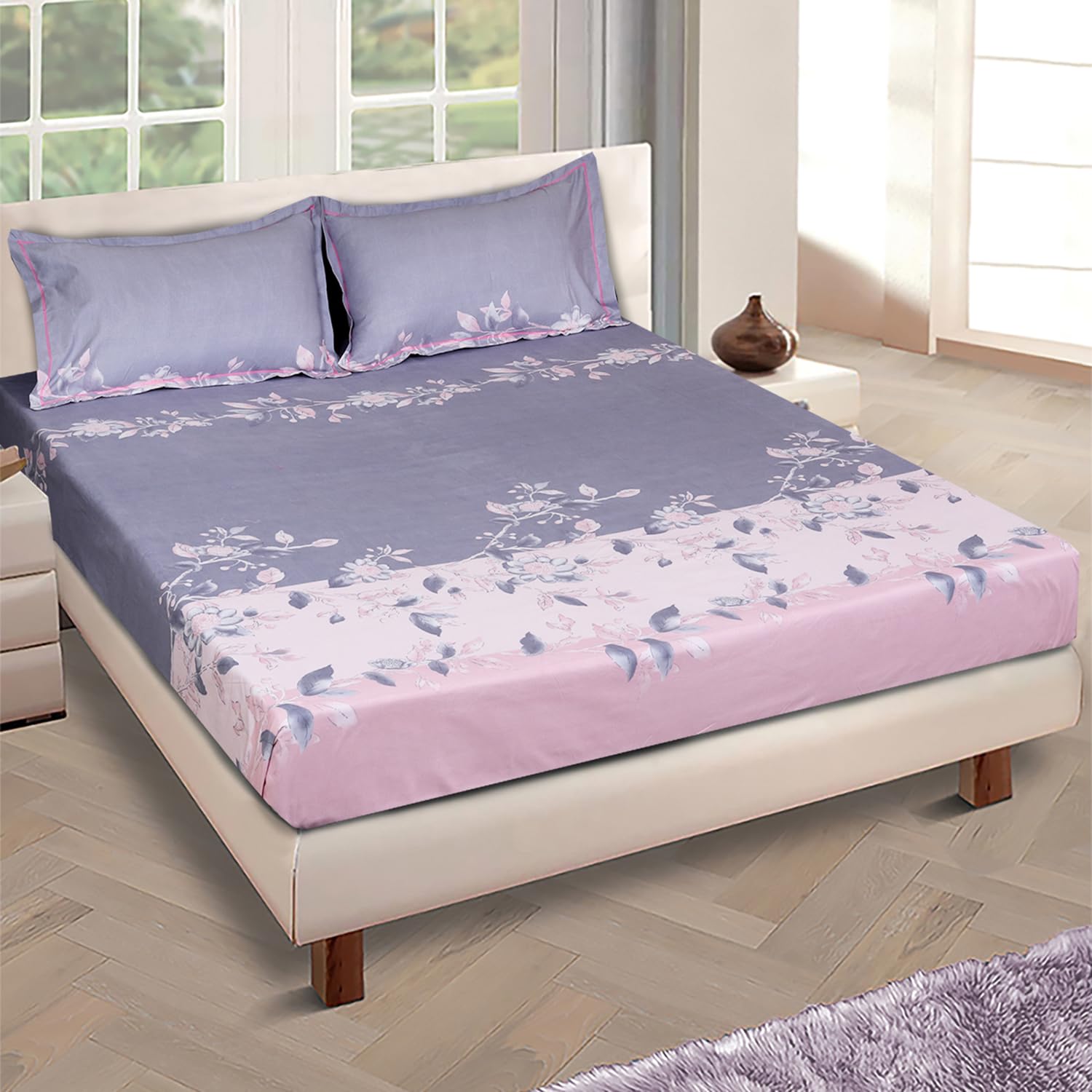 ROMEE Floral Printed Poly Cotton Bedsheet Double Bed, 144 Tc Bed Sheet Double Bed 2 Pillow Covers, Latest Newly Designs Double Queen Size Bedsheet- 90 X 100 Inches, Pink & Blue