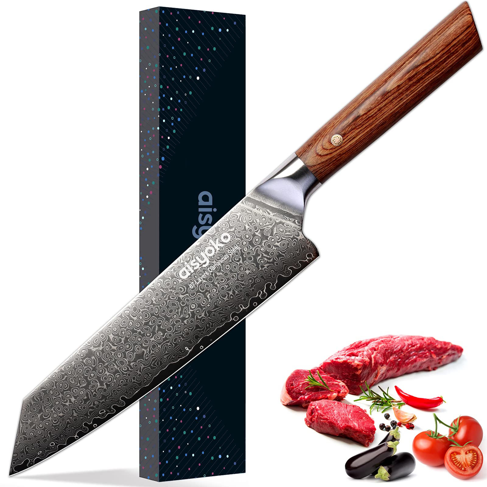 Chef Knife 8 Inch Damascus Japan VG-10 Super Stainless Steel Professional High Carbon Super Sharp Kitchen Cooking Knife, Ergonomic Color Wooden Handle Luxury Gift Box