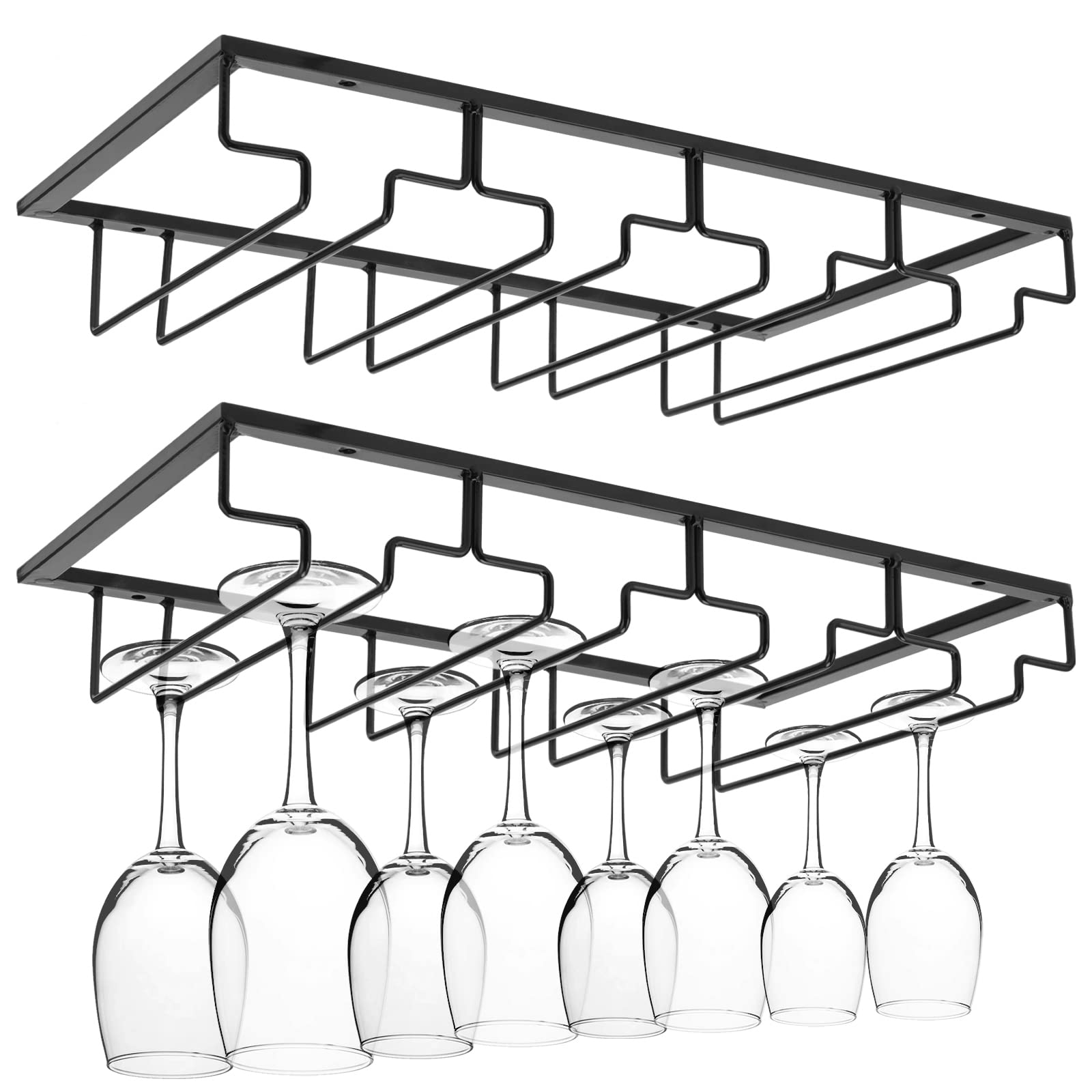 ZEONHAK 2 Pack 4 Rows Wine Glass Rack Under Cabinet, Black Hanging Under Shelf Wine, Stemware Rack Storage Hanger, Hanging Wine Glass Hanger Rack for Cabinet, Cupboard, Kitchen, Bar, 40 x 22.5cm