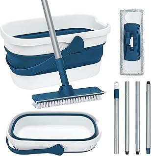 Collapsible Mop and Bucket Set with Scrub Mop and Brush, Tile Laminate Hardwood Floor Brush and Flat Mops for Floor Cleani...