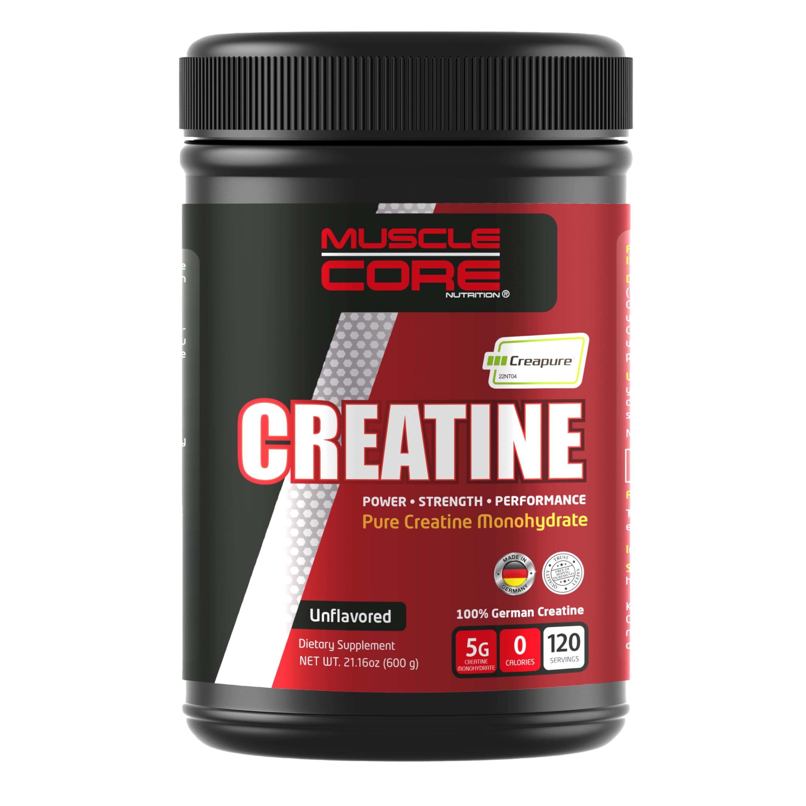 Muscle Core Creatine (Creapure®) I 100% Pure Monohyderate Creatine I Help to Increase Muscle Mass & Performance I Unflavoured I 600 Grams (120 Servings)