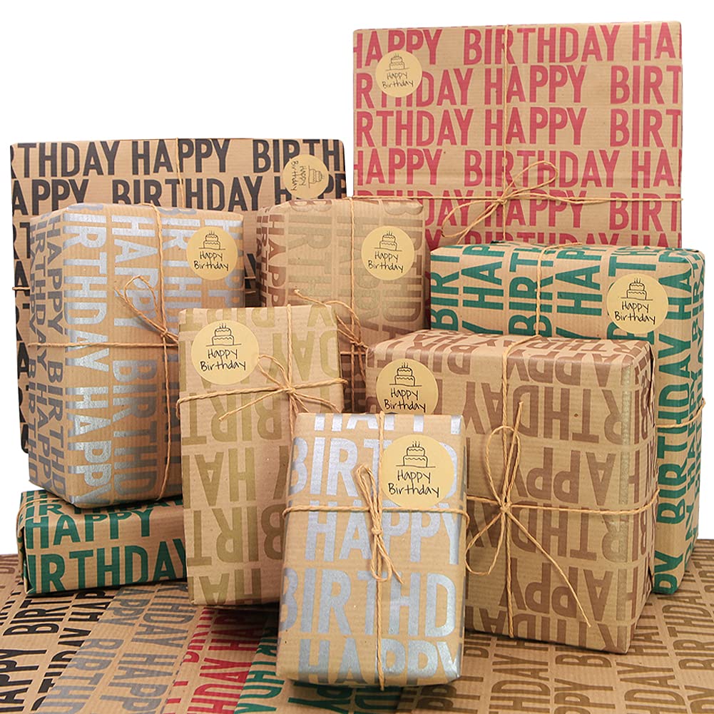 Kraft Wrapping Paper Birthday, Recycled Gift Wrapping Paper, Happy Birthday Wrapping Paper,12 Sheets 70 * 50cm Brown Folded Paper with Jute Strings, Stickers and Bows for All Birthday Occasions