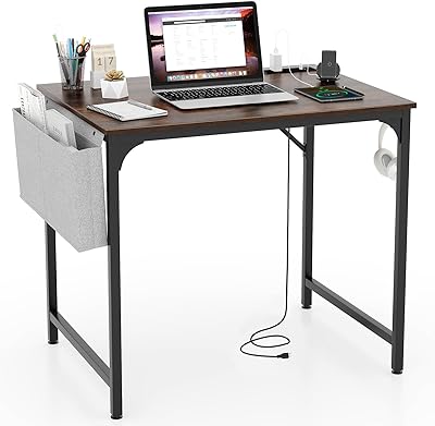 COSTWAY Home Office Desk, 32 Inch Computer Desk with Recessed Power Strip, Storage Bag & Headphone Hook, Wide Desktop, Modern Computer Workstation Writing Table for Home, Office (Rustic Brown + Black)