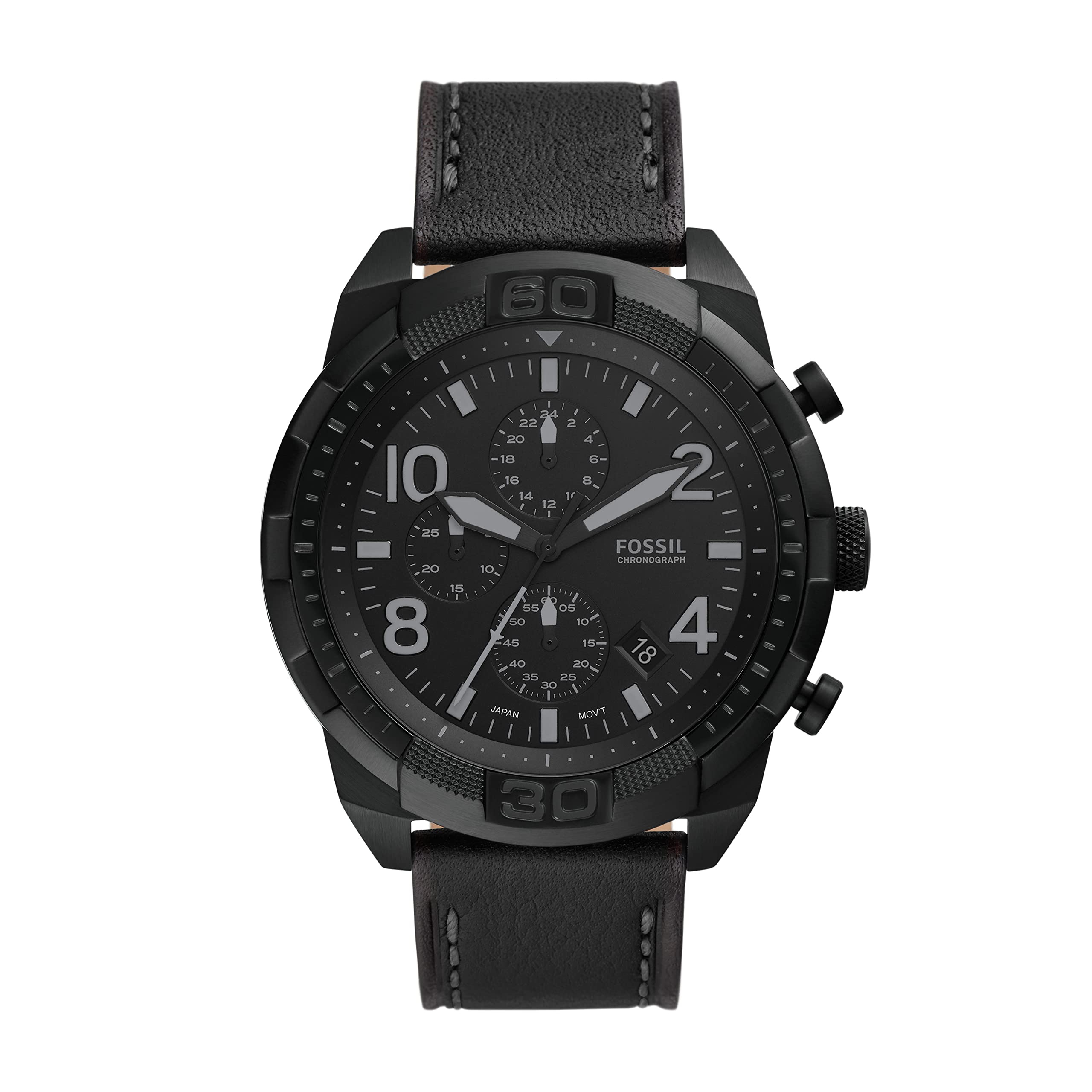 Photo 1 of Fossil Bronson Men's Watch with Stainless Steel Bracelet or Genuine Leather Band, Chronograph or Three-Hand Analog Display Black Leather