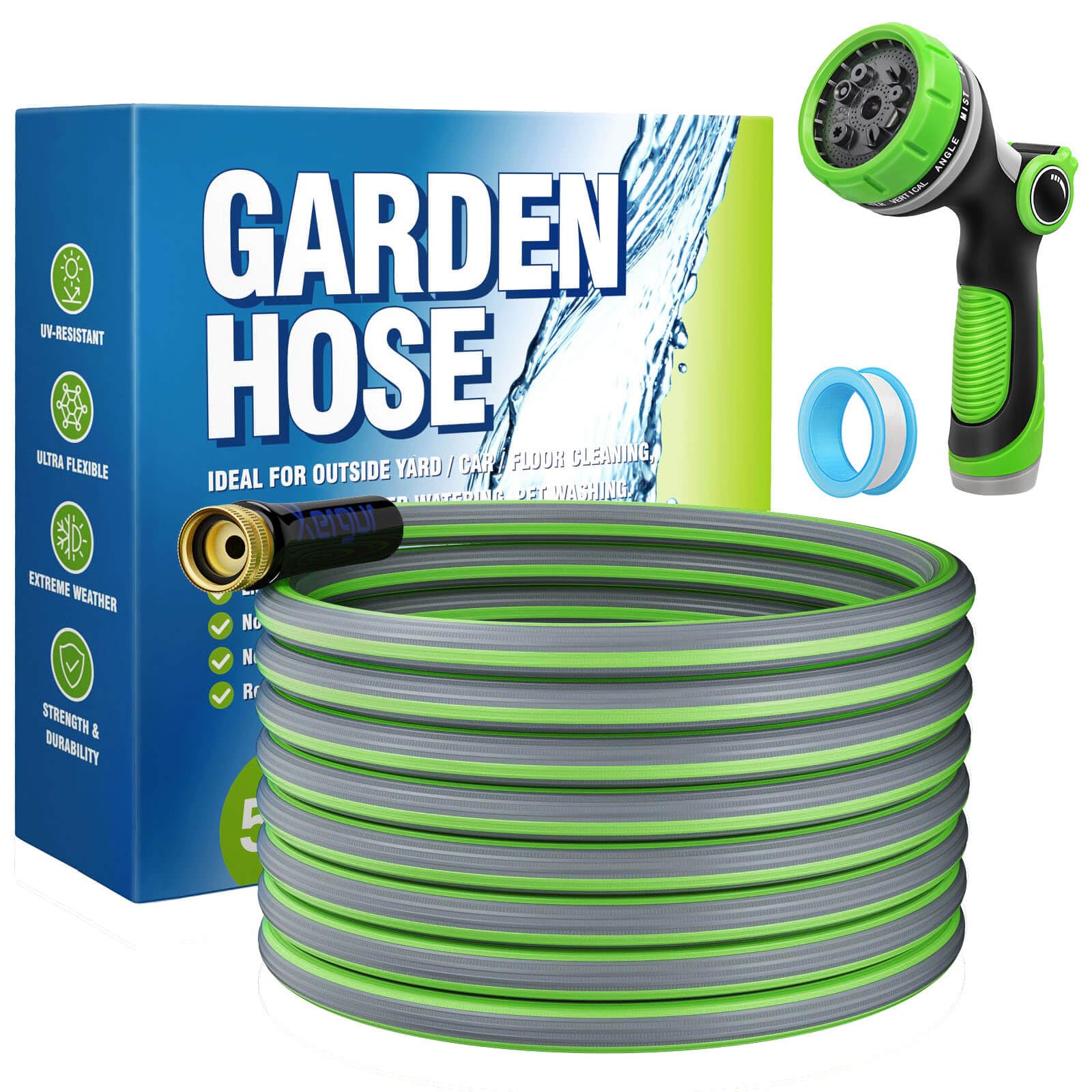 Expandable Garden Hose Water Pipe - 50FT Flexible Water Hose with 7 Function Spray Nozzle, Garden Hoses with 3/4 inch Solid Brass Fittings and Double Latex Core for Gardening Lawn Car Pet Washing