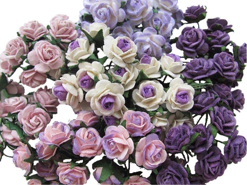 100 pcs Mini Rose Mixed Purple Color Mulberry Paper Flower 15 mm Scrapbooking Wedding Doll House Supplies Card, Small Roses.