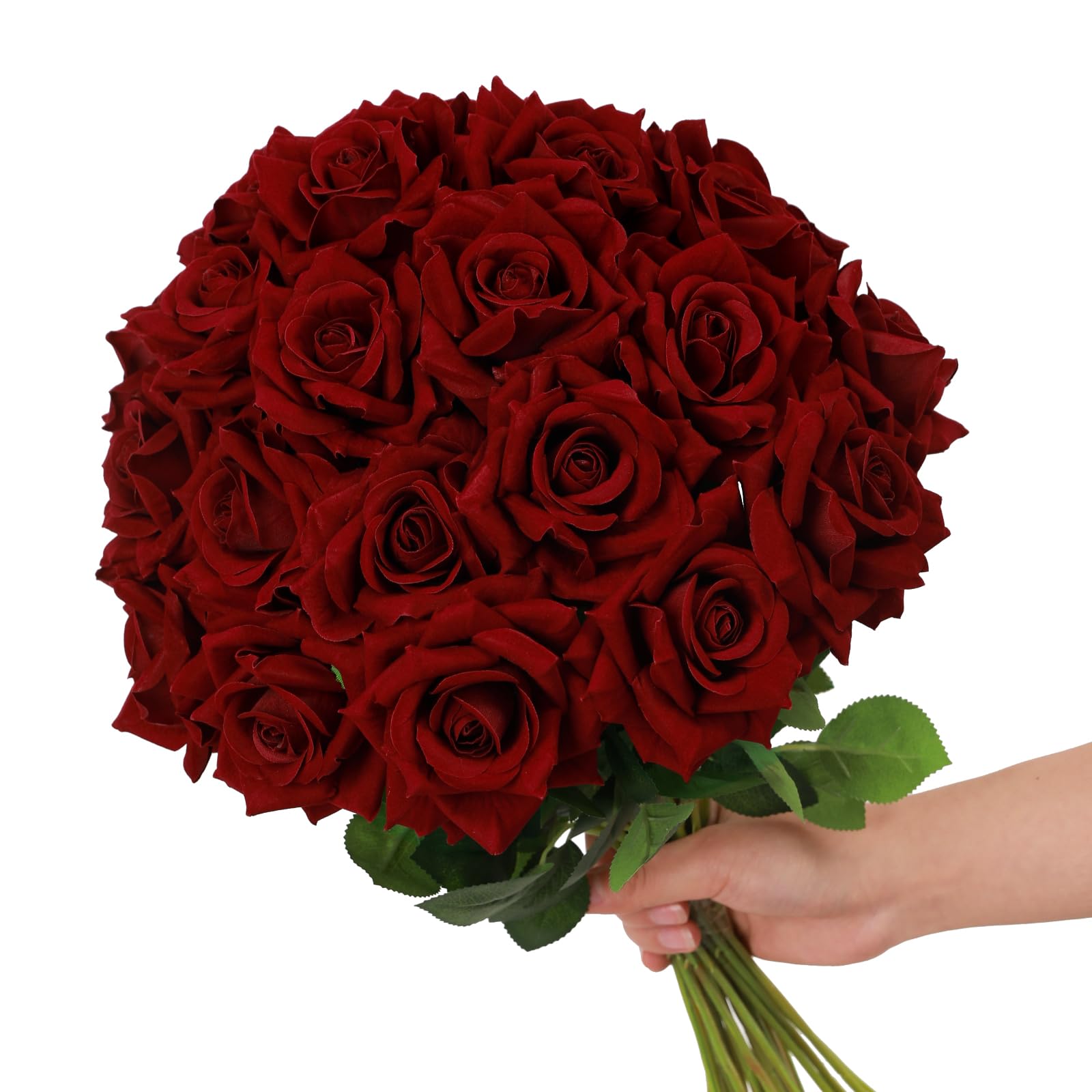 Floweroyal12pcs Artificial Roses Velvet Flowers with Long Stem Fake Roses Bouquet DIY for Home Garden Wedding Decor (Dark Red)