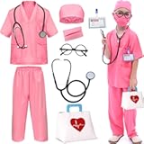 8pcs Kids Doctor Costume Toddler Scrubs Set Girls Boys Doctor Dress Up Costumes with Bag Real Stethoscope Glasses Accessories Pretend Play Halloween Career Day &lpar;Pink&comma; 120&rpar;