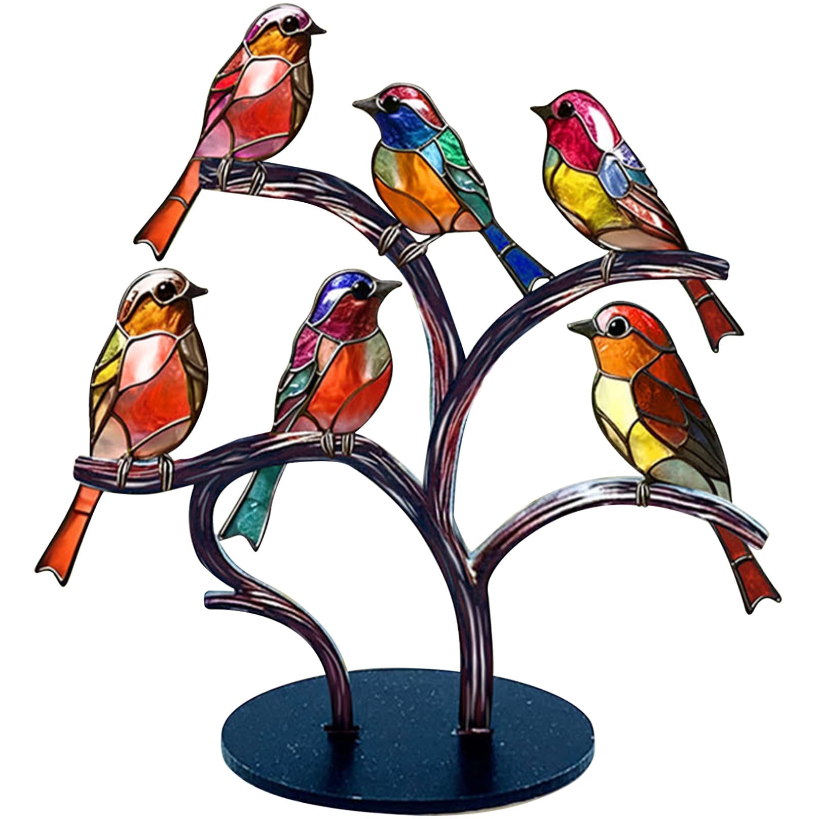 Azonee Stained Glass Birds Desktop Ornament, 6 Birds Imitation Glass Art Tabletop Decor, Metal Vivid Craft Desktop Ornaments for Home Office Decor, Retro Acrylic Desktop Decoration